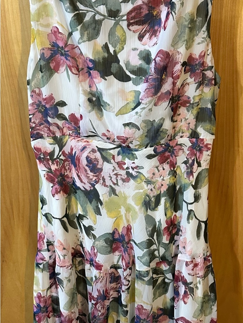 NWT connected apparel White Tiered  Chiffon Dress with Pink & Green Floral Print